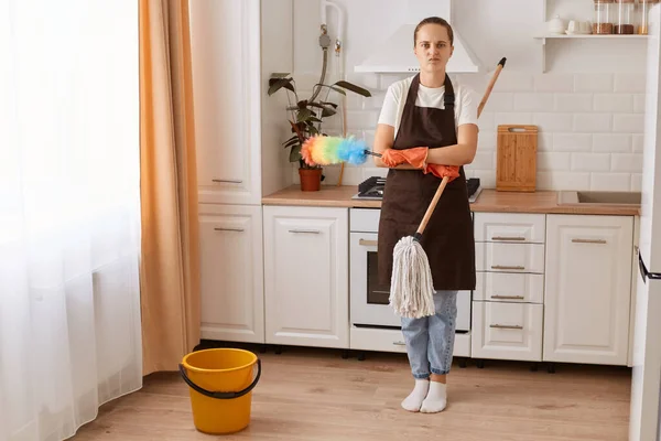 Full Length Portrait Tired Housewife Washing Floor Kitchen Pretty Young — Stockfoto