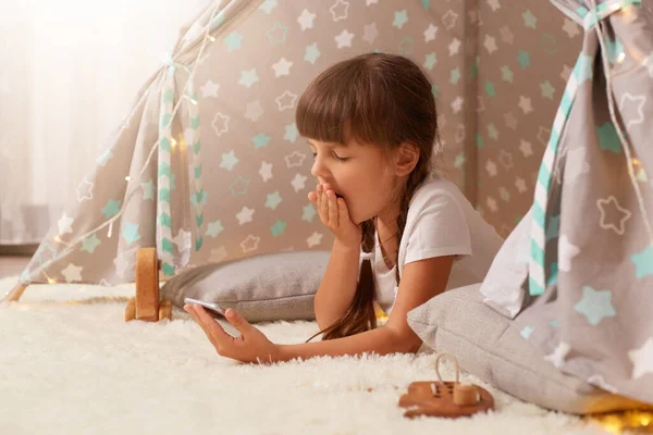 Profile Portrait Sleepy Tired Little Girl Pigtails Wearing White Shirt — Foto de Stock