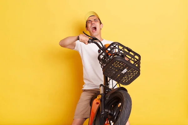 Indoor Shot Man Wearing Cap Shirt Riding Electric Scooter Collision — Stock fotografie