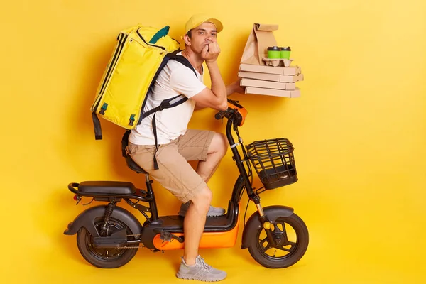 Horizontal Shot Attractive Bored Man Backpack Wearing White Shirt Riding — Stock fotografie