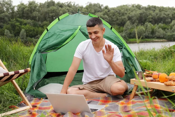 Outdoor Shot Caucasian Happy Man Relaxing Camping Siting Plaid Tent — Φωτογραφία Αρχείου