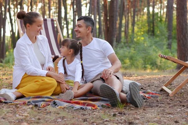 Outdoor Portrait Smiling Delighted Family Spending Time Together Forest People — Stok Foto