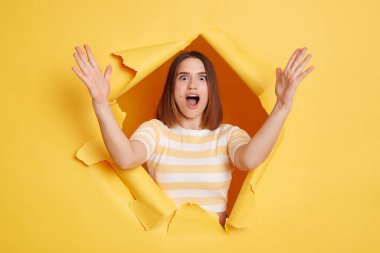 Portrait of excited beautiful woman wearing striped t shirt, showing big size with hands, looking at camera with amazed expression, looking through breakthrough of yellow background.