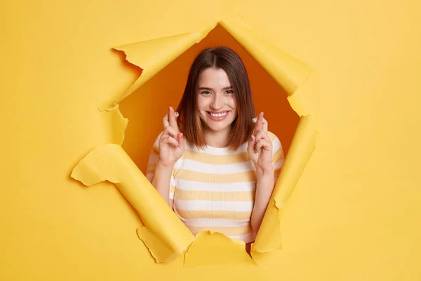 Image Beautiful Smiling Attractive Woman Wearing Striped Shirt Looking Yellow — Foto de Stock