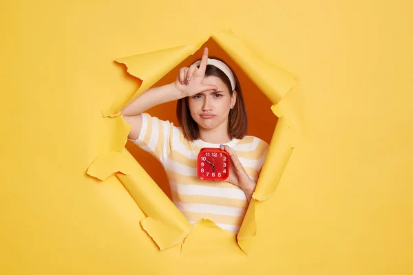 Horizontal Shot Sad Caucasian Woman Wearing Hair Band Striped Shirt — Foto de Stock