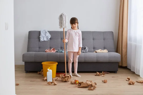 Indoor Shot Sad Upset Little Girl Washing Floor Mop Home — Stock Fotó