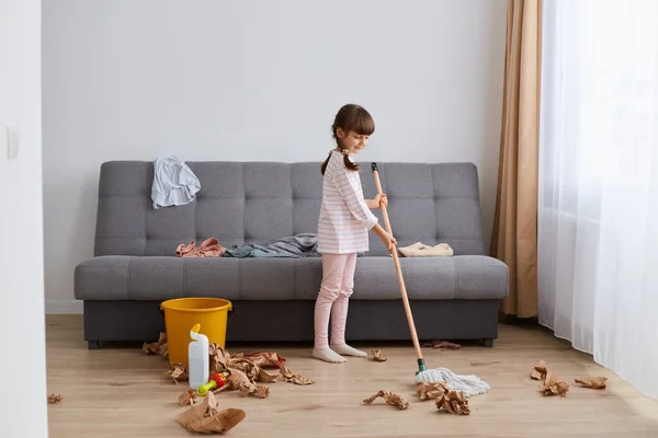Portrait Smiling Happy Little Girl Washing Floor Mop Home Cleaning — Stock Photo, Image