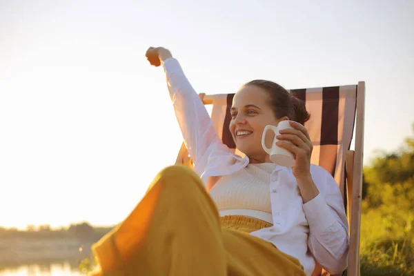 Relaxed Young Adult Happy Satisfied Caucasian Female Camper Sitting Camping — Fotografia de Stock