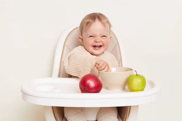 Horizontal Shot Smiling Laughing Baby Girl Wearing Beige Sweater Sitting — Fotografia de Stock