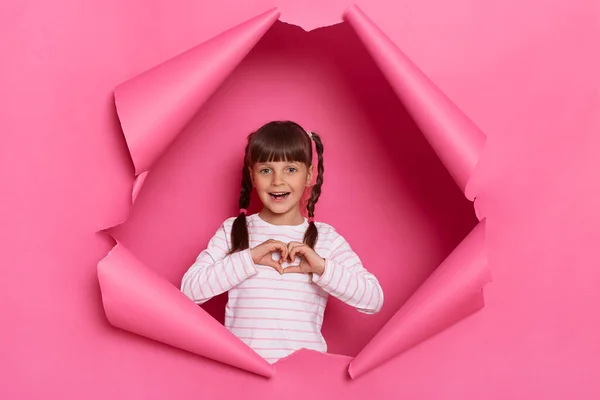 Indoor Shot Charming Excited Little Girl Wearing Striped Shirt Posing — Fotografia de Stock