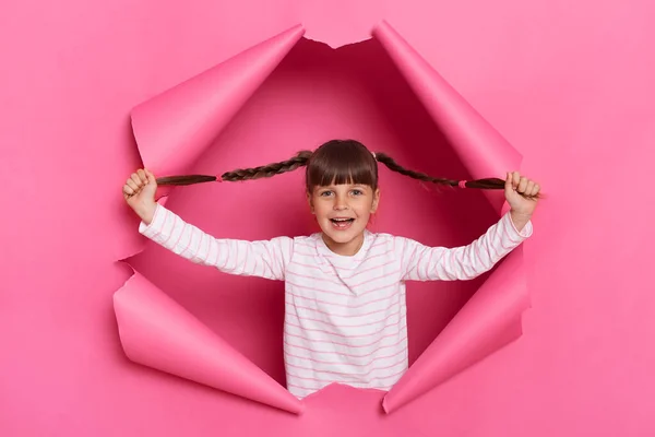 Image Happy Satisfied Funny Little Girl Wearing Striped Shirt Posing — Fotografia de Stock