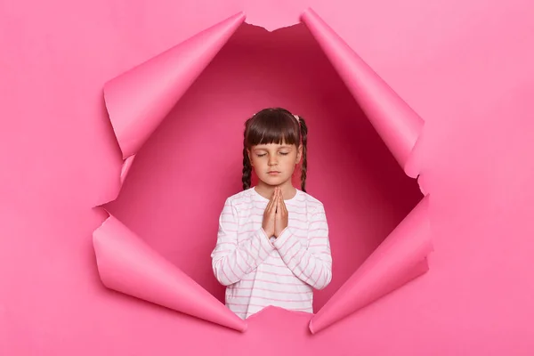 Indoor Shot Calm Little Girl Wearing Striped Shirt Posing Pink — Fotografia de Stock
