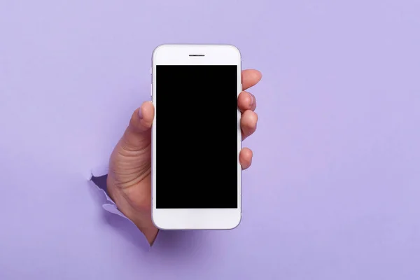 Photo Human Hand Showing Mobile Phone Black Empty Display Mockup — Stock Photo, Image