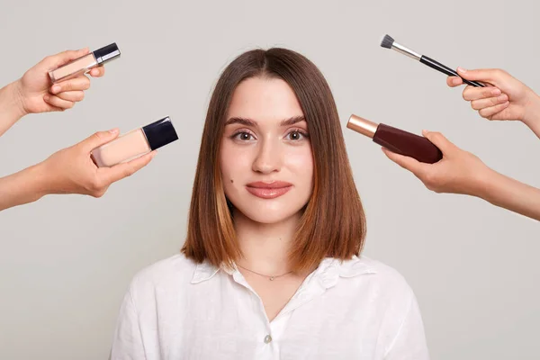 Image Hands Several Beauticians Stylists Holding Respective Equipment Giving Glamour — Fotografia de Stock