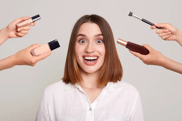 Image Hands Several Beauticians Holding Respective Equipment Giving Makeup Beautiful — Stockfoto