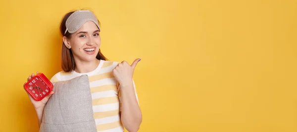 Portrait Smiling Young Caucasian Woman Wearing Striped Shirt Blindfold Her — Stok Foto