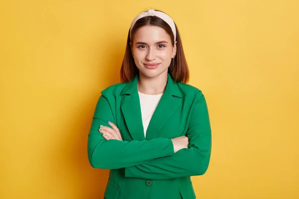 Portrait Calm Self Confident Attractive Woman Wearing Green Jacket Hair — Fotografia de Stock