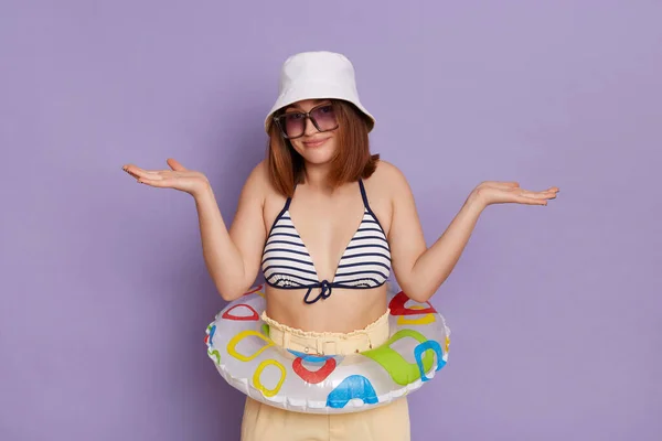 Portrait Confused Woman Rubber Ring Wearing Panama Swimming Suit Standing — Stockfoto