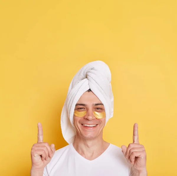 Satisfied Man Wearing White Shirt Towel Having Cosmetic Patches His — Stock fotografie