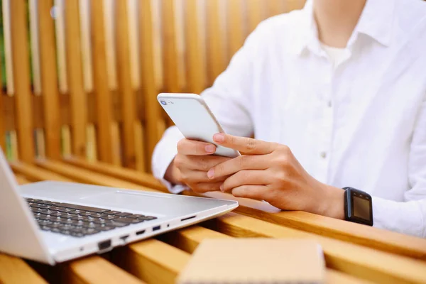 Portrait Faceless Woman Wearing White Shirt Sitting Wooden Table Laptop — Stock Photo, Image