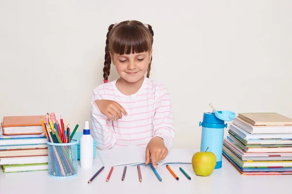 Innenaufnahme Eines Lächelnden Kleinen Schulmädchens Mit Dunklen Haaren Und Zöpfen — Stockfoto