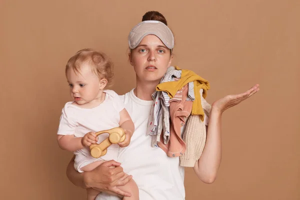 Portrait Sad Upset Stressed Young Mother Bun Hairstyle Holding Her — Stock Photo, Image