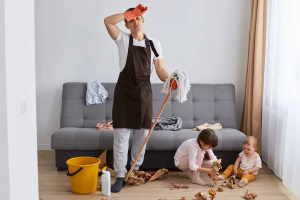 Indoor Shot Tired Exhausted Father Washing Floor Mop Home Doing — Stock Photo, Image