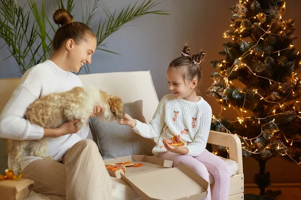 Indoor shot of happy positive mother and daughter sitting on sofa and feeding their pekingese dog with pizza, celebrating Christmas holidays, expressing happiness.