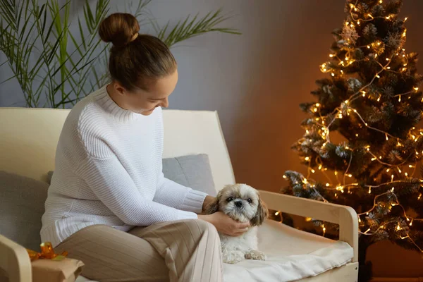 彼女のかわいい犬と咳に座っている白いジャンパーを着て暗い髪の女性の屋内ショットと演奏 クリスマスの装飾とリビングルームでポーズ — ストック写真