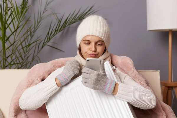 Indoor Shot Sad Despair Woman Coat Hat Sit Cold Living — Stock Photo, Image