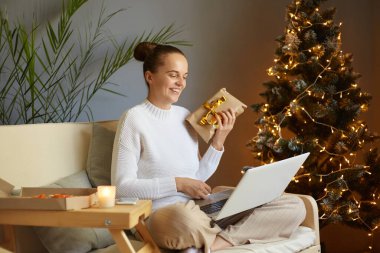 Noel kutlaması için dizüstü bilgisayarda çalışan gülümseyen bir kadının Noel ağacı ve çelenk ışıklarıyla süslenmiş bir fotoğrafı..