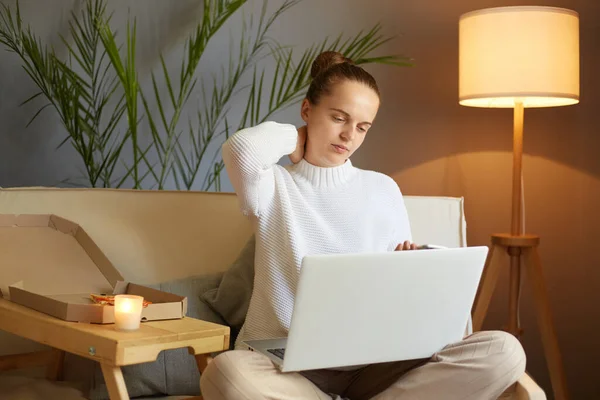 Photo Tired Exhausted Young Adult Woman Wearing White Sweater Sitting — Stock Photo, Image