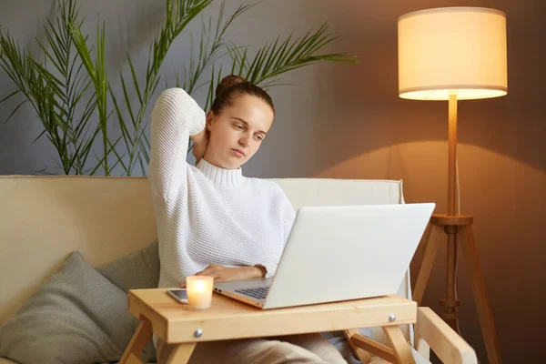 Horizontal Shot Sad Depressed Tired Caucasian Woman Wearing White Sweater — Stock Photo, Image