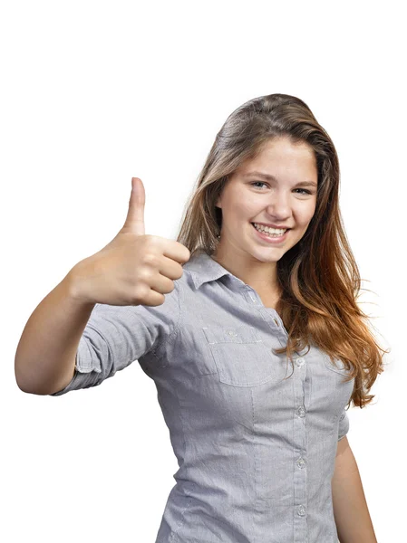 Retrato de mulher jovem atraente mostrando um polegar para cima no branco — Fotografia de Stock