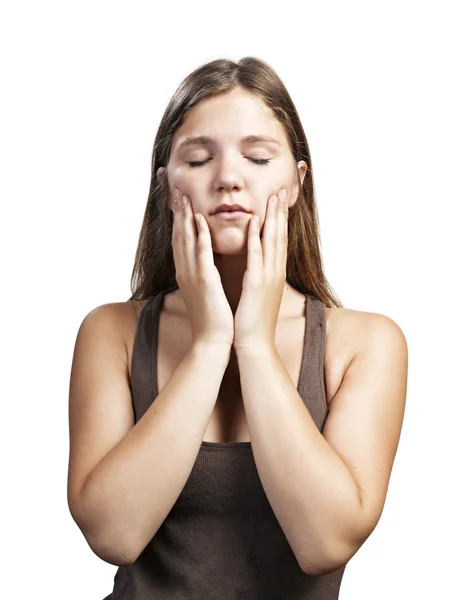 Face with closed eyes of a young woman on a white background — Stock Photo, Image