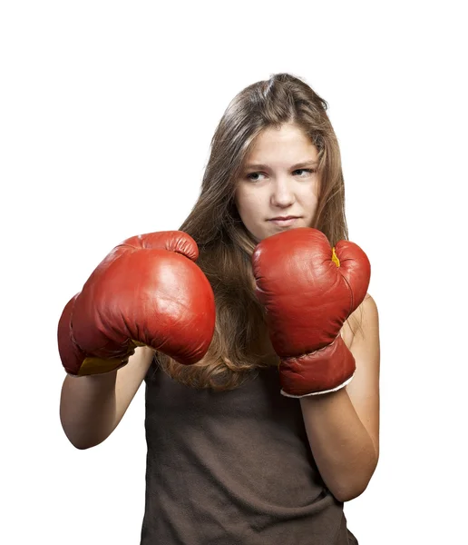 Boxing girl isolated on white — Stock Photo, Image