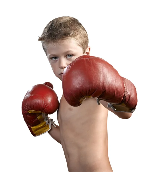 Menino bonito com luvas de boxe isolado em branco — Fotografia de Stock