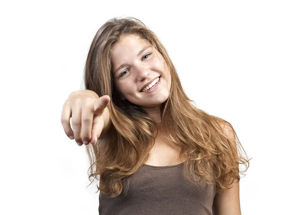 Happy woman with hand pointing at you - isolated over a white ba — Stock Photo, Image