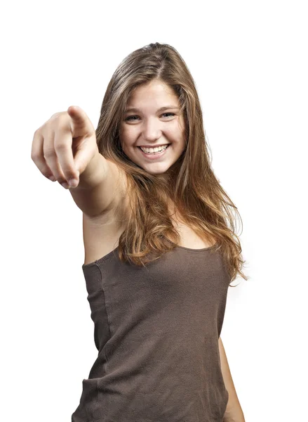 Gelukkige vrouw met hand wijzend op u - geïsoleerd op een witte ba — Stockfoto