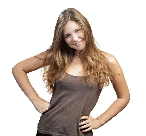 Young Woman with long curly hair on a white background — Stock Photo, Image