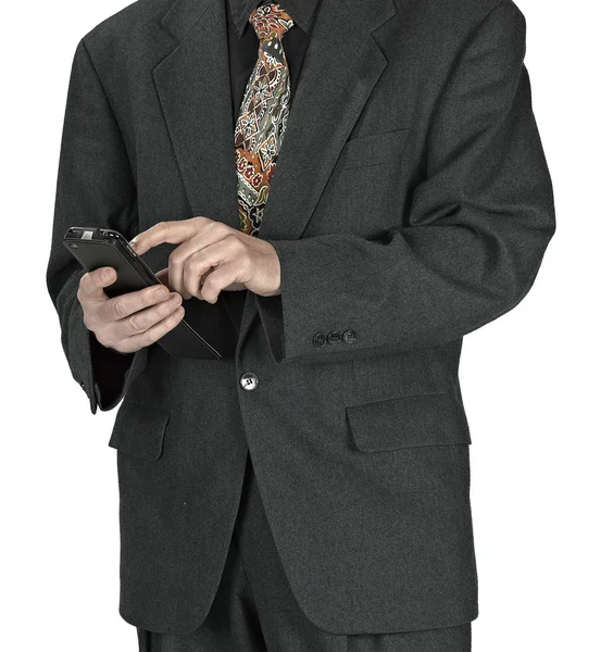 Ο άνθρωπος των επιχειρήσεων αποστολή μηνύματος κειμένου χρησιμοποιώντας το κινητό τηλέφωνο — Φωτογραφία Αρχείου