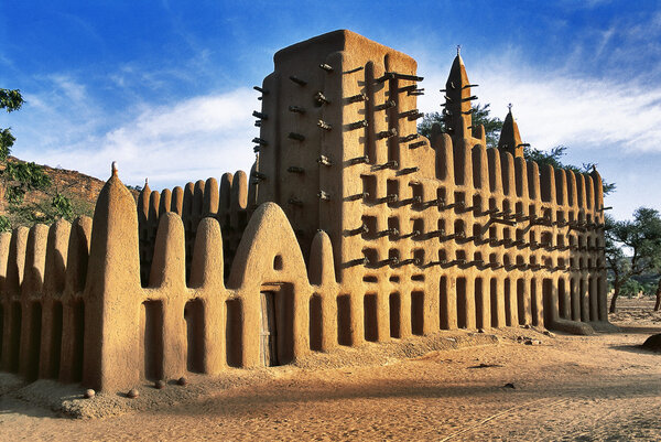 A side view of a mud mosque in a Dogon village in Mali