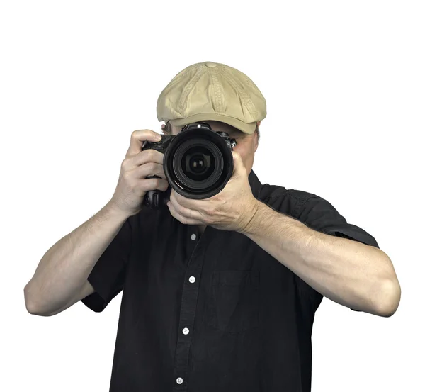 Mannen handen camera op witte achtergrond — Stockfoto