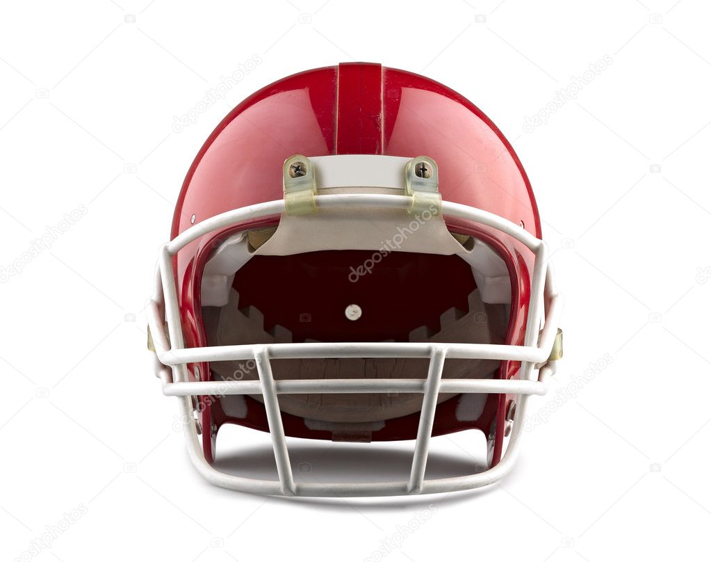 Red American football helmet isolated on a white background with