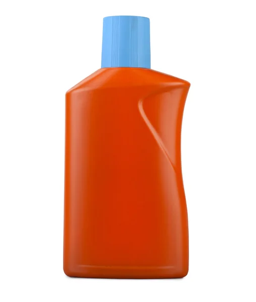 Pomarańczowy butelki z tworzyw sztucznych na białym tle na białym tle (wycinek — Zdjęcie stockowe