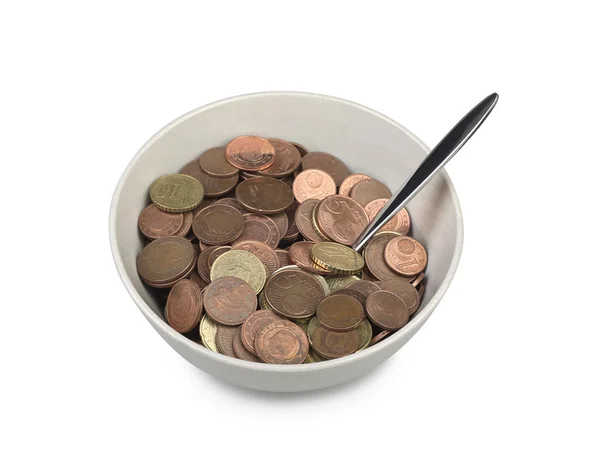 Bowl of european money with spoon — Stock Photo, Image