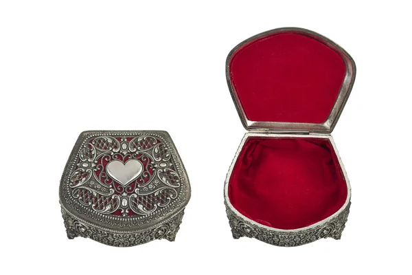 Open and closed Red Heart pewter jewelry box with clipping path — Stock Photo, Image