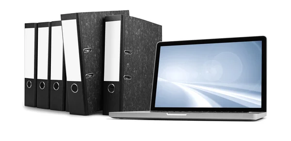 Ring binders and laptop- database concept — Stock Photo, Image