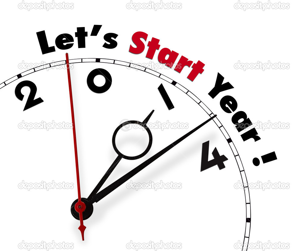 White clock with words Let's start year 2014
