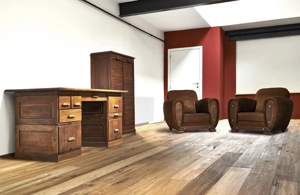 Εσωτερικό πατάρι ευρύ, γραφείο και ξύλινο πάτωμα — Φωτογραφία Αρχείου